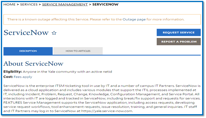 Example of a known outage displayed in orange text affecting a specific service.