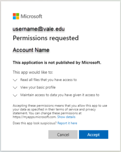 A screenshot of the permissions request that a user must accept or cancel