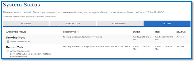 Example of All status updates related to a service.