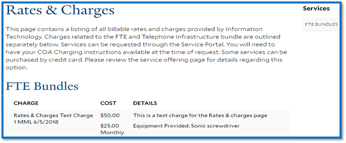 Example of rates and charges details related to a service.