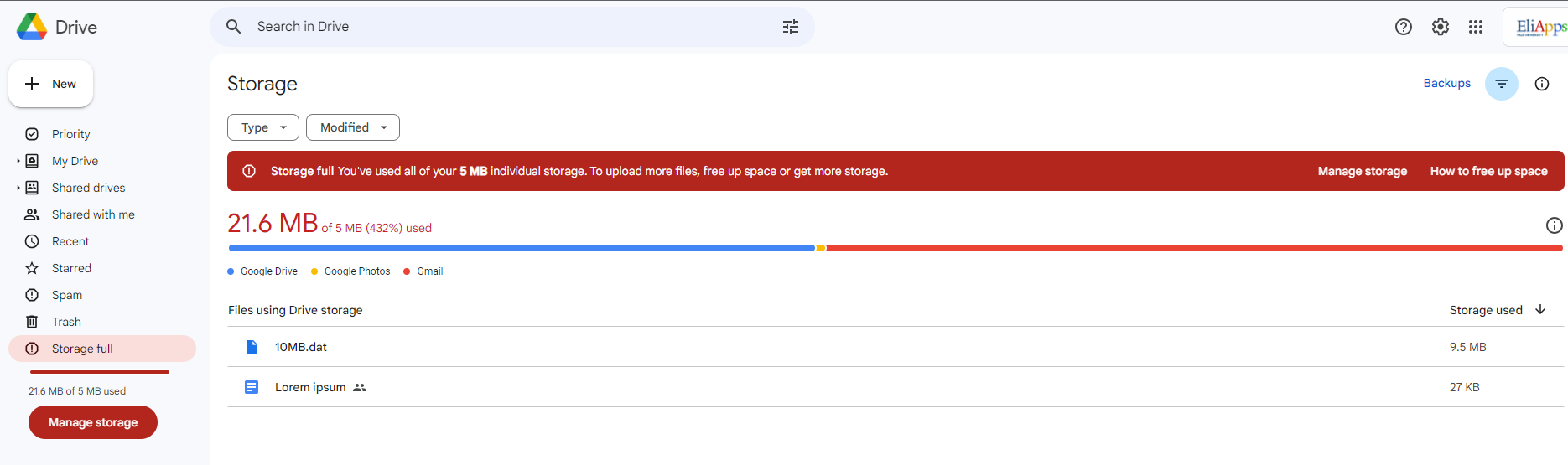 Storage full section in nav pane showing "Storage Full" with button to manage storage.
